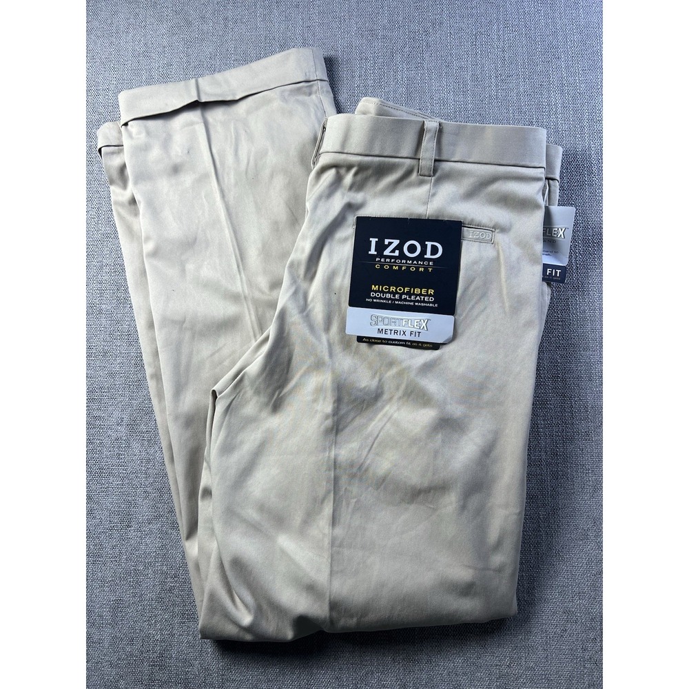 Izod Performance Pants Men's 36x32 Sport Flex Metrix Fit Beige Golf Casual Pleat